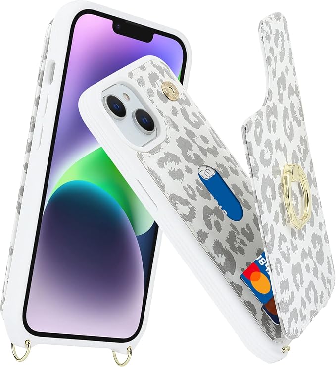 Lipvina for iPhone 13 Case with Card Holder for Women,Phone Case with Strap,Crossbody Lanyard,RFID Blocking,Ring Stand,Snap Clasp,Cute Wallet Cases for iPhone 13 6.1 inch(White Leopard)
