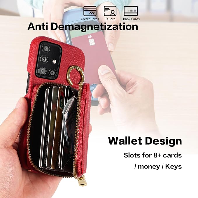 Wallet Case for Samsung Galaxy A51 5G/A 51 5G UW Verizon & Shoulder Strap Ring Buckle PU Leather Zipper Flip Organ Purse Credit Card Holder Stand Full Body Cell Phone Cover for 51A G5 S51 Red