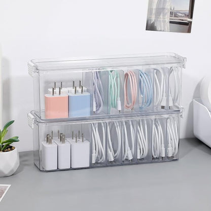 2 Pack Cord Organizer Box for Desk Drawer, Clear Phone Charger Cable Storage Container with Lid
