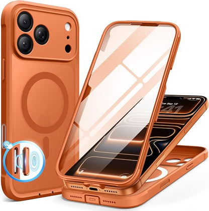 BERFY for iPhone 17 Pro Max Case, Compatible with MagSafe, Built-in Glass Screen Protector, Camera Protection, Shockproof Full Body Phone case 6.9", Translucent Cosmic Orange