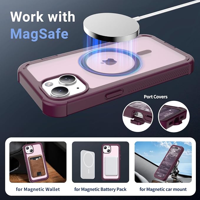 jaroco Magnetic for iPhone 15 Case, [Compatible with MagSafe][Military Grade Drop Protection][Heavy Duty Protection][Non-Slip][Shockproof] 2-Layer Durable Bumper Phone Case 6.1''-Wine Red