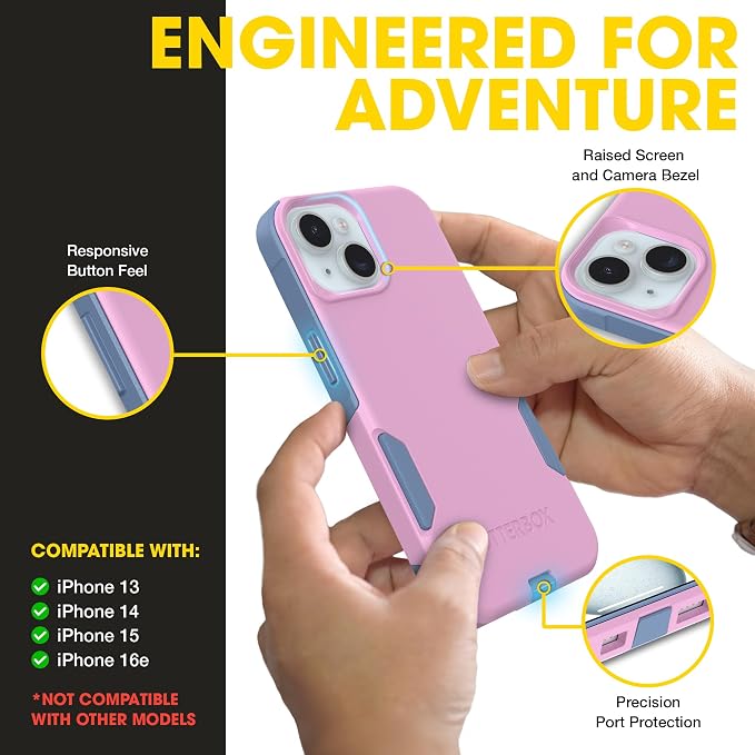 OtterBox iPhone 16e, 15, 14, & 13 Commuter Series Case - Slim & Tough, Pocket-Friendly, with Port Protection - Pink/Blue