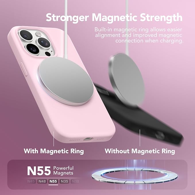 GONEZ for iPhone 14 Pro Max Case Silicone, Compatible with MagSafe, with Screen Protector + Camera Lens Protector, Liquid Silicone Shockproof Protective Phone 14 ProMax Case 6.7", Pastel Pink