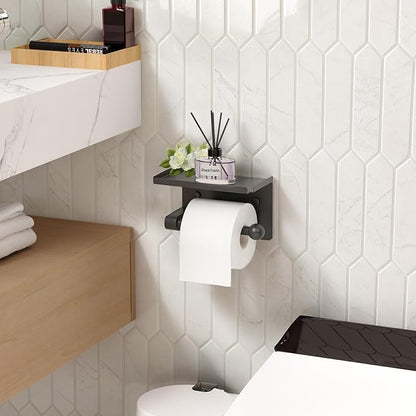 Toilet Paper Holder with Phone Storage Shelf, Matte Black Wall Mount for Bathroom, No Drill Adhesive or Screw Mount, Rustproof Metal, Fits Mega Rolls