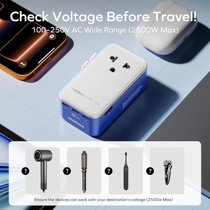 (2026 NEW) MOMAX Universal Travel Adapter, Ultra-Thin 70W GaN International Plug Adapter with 3 USB-C, 1 USB-A and AC Outlet, Works in 200+ Countries, Not a Voltage Converter, for International Travel