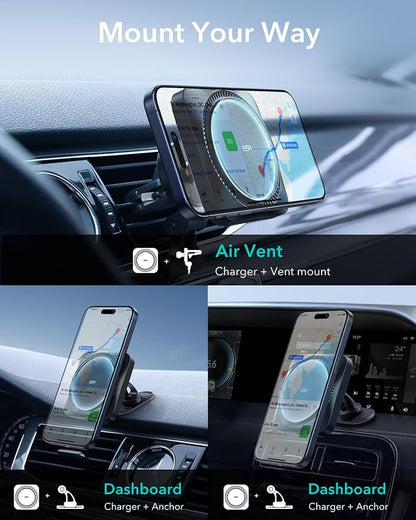 ESR for MagSafe Car Mount Charger with CryoBoost, Phone Cooling MagSafe Car Charger, Magnetic Wireless Car Charging, Air Vent/Dashboard Car Phone Holder for iPhone 17e/17-12, S26/S25, Fast Charging