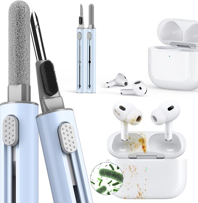【1 Pack】 Cleaner Kit for AirPods Pro 1 2 3 Earbuds,Cleaning Kit Pen Shape with Soft Brush Flocking Sponge Tool for Bluetooth Earphones Headphones Charging Case,Phone,Camera and Computer(Blue)