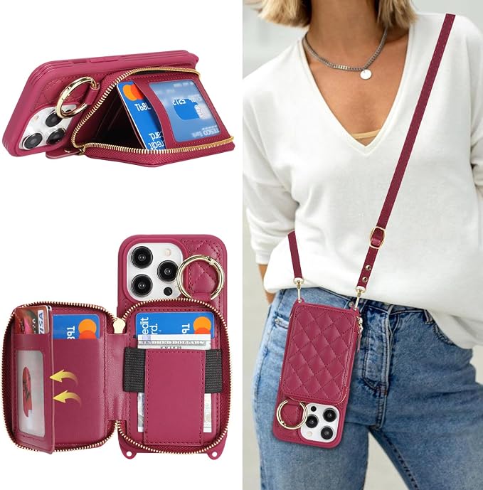 Crossbody Wallet Case for iPhone 14 Pro, PU Leather Zipper Handbag Purse Flip Cover, Kickstand Folio Case with Card Slots Holder Wrist Strap Lanyard 5G 6.1 Inch-Dark red