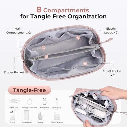 FYY Travel Cable Organizer - 8 Compartments, Lightweight, Water Repellent | With Wrist Strap, Portable Tech Pouch for Cord Charger, Travel and Business Trips Use, Soft Shell Nylon, Pink (Medium)