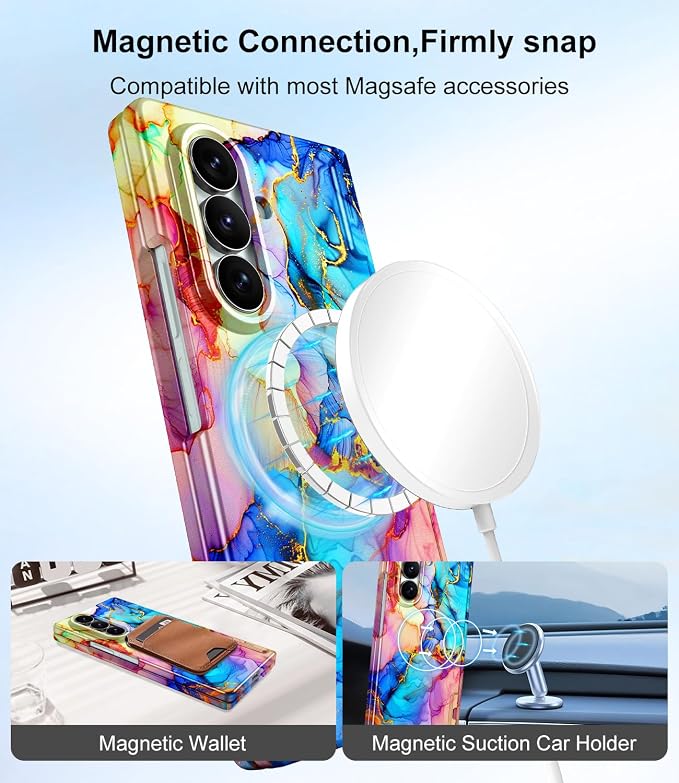 Btscase for Samsung Galaxy Z Fold 7 Case,Built in Front Screen Protector,Gold Glitter Marble Pattern Hard PC Slim Shockproof Full Body Drop Protective Case for Galaxy Z Fold 7 5G, Bright Blue