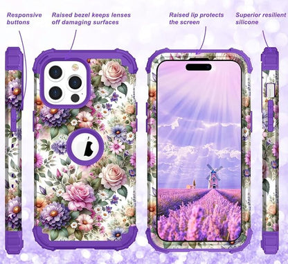 Hocase for iPhone 15 Pro Case, Heavy Duty Shockproof Protection Soft Silicone Rubber Bumper+Hard Plastic Hybrid Protective Case for iPhone 15 Pro 6.1" 2023 - Purple Pink Flowers