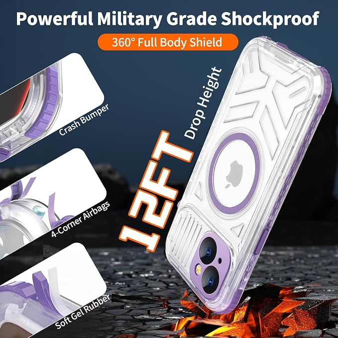 for iPhone 15 Waterproof Case Compatible with MagSafe, Translucent Slim IP68 Underwater Built-in Screen Protector, 12FT Military Grade, 360 Full Body Protective Cover 6.1 inch (Purple)