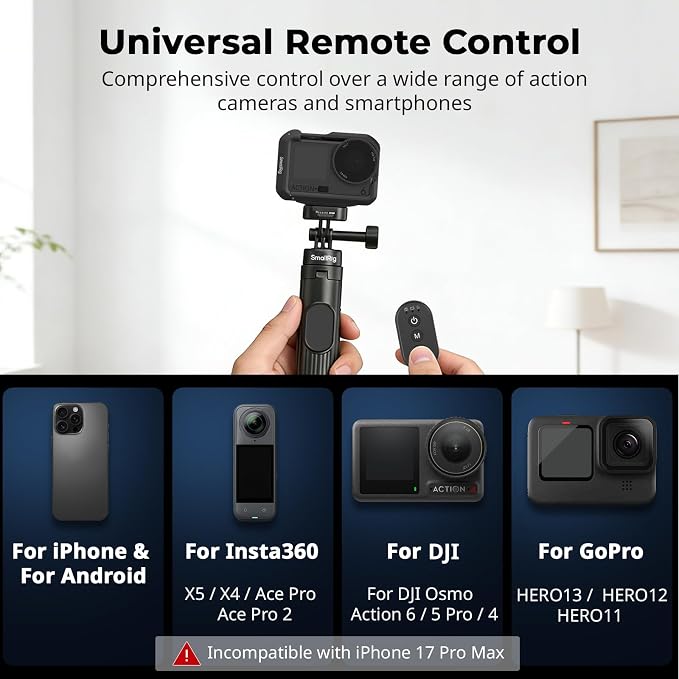 SmallRig 59" Selfie Stick Tripod with Remote & Phone Clamp, Extendable Tripod Stand for DJI Osmo Action 6/5 Pro/4, for GoPro Hero 13/12/11, for Insta360 X5/X4, for iPhone 16/15/14, for Android - 5464