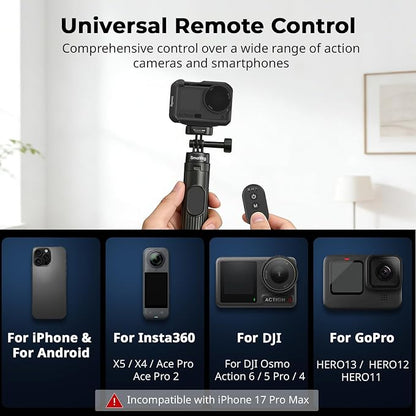 SmallRig 59" Selfie Stick Tripod with Remote & Phone Clamp, Extendable Tripod Stand for DJI Osmo Action 6/5 Pro/4, for GoPro Hero 13/12/11, for Insta360 X5/X4, for iPhone 16/15/14, for Android - 5464