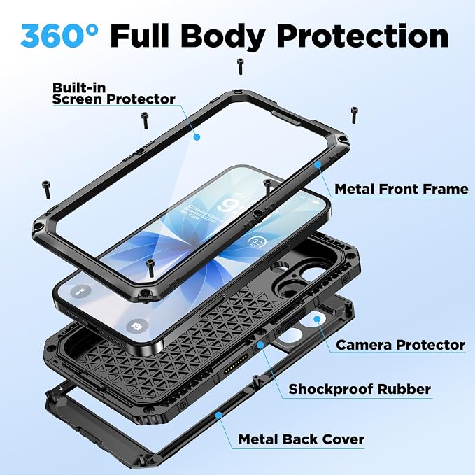 Beasyjoy for iPhone 17 Case Waterproof, Heavy Duty Metal Full Body Protection, Built-in Screen Protector, Military Grade Shockproof Dustproof Rugged Cover for iPhone 17 6.3 inch, Black