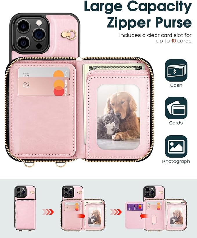 OCASE Compatible with iPhone 16 Pro Crossbody Wallet Case with Card Holder, PU Leather Zipper Handbag Phone Purse with RFID Blocking Kickstand Wrist Strap Lanyard 6.3 Inch, Pink