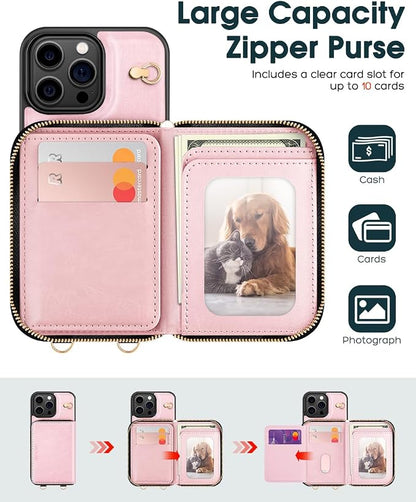 OCASE Compatible with iPhone 16 Pro Crossbody Wallet Case with Card Holder, PU Leather Zipper Handbag Phone Purse with RFID Blocking Kickstand Wrist Strap Lanyard 6.3 Inch, Pink