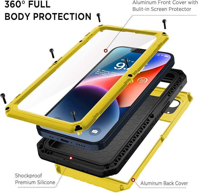 Beasyjoy for iPhone 14 Plus Case, IP68 Waterproof Metal Heavy Duty Defender Case with Built-in Screen Protector, Military Grade Full Body Protective Defender Shockproof Rugged Cover 6.7 Inch, Yellow