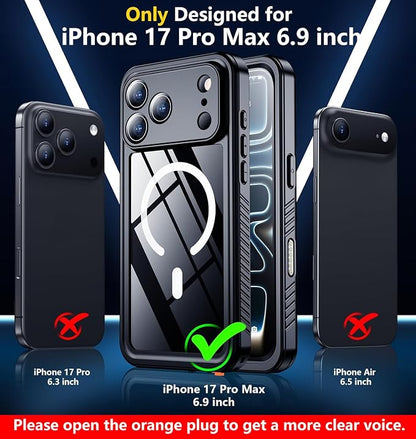 SPIDERCASE Magnetic for iPhone 17 Pro Max Case Waterproof, Built-in Screen & Camera Lens Protector[IP68 Underwater] [Military Grade Shockproof] Full Body Protection Phone Case, Black/Clear
