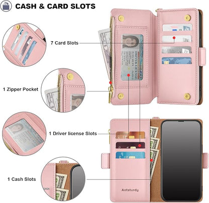Antsturdy Compatible with iPhone 16 Plus Wallet Case,RFID Blocking PU Leather Phone Case Women Men Kickstand flip Cover Wrist Strap Zipper Credit Card Holder Slots for Apple 16 Plus 6.7",Pink
