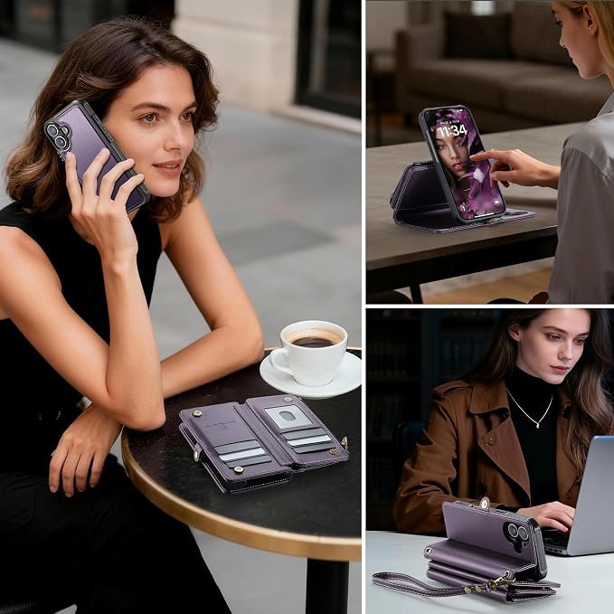 Strapurs for iPhone 16 Plus Detachable Wallet Case Compatible with Magsafe, RFID Blocking 9-Card Holder Zipper Wrist Strap Lanyard PU Leather Magnetic Phone Case for iPhone 16 Plus 6.7", Purple