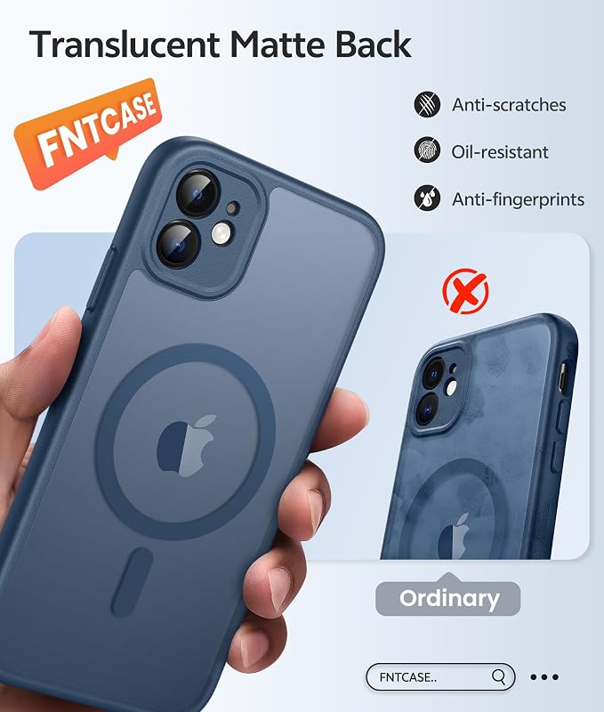 FNTCASE for iPhone 11 Case: [Compatible with Magsafe] Translucent Matte Magnetic Cases [Full Camera Protection] Military Grade Shockproof Protective Phone Cover - Blue