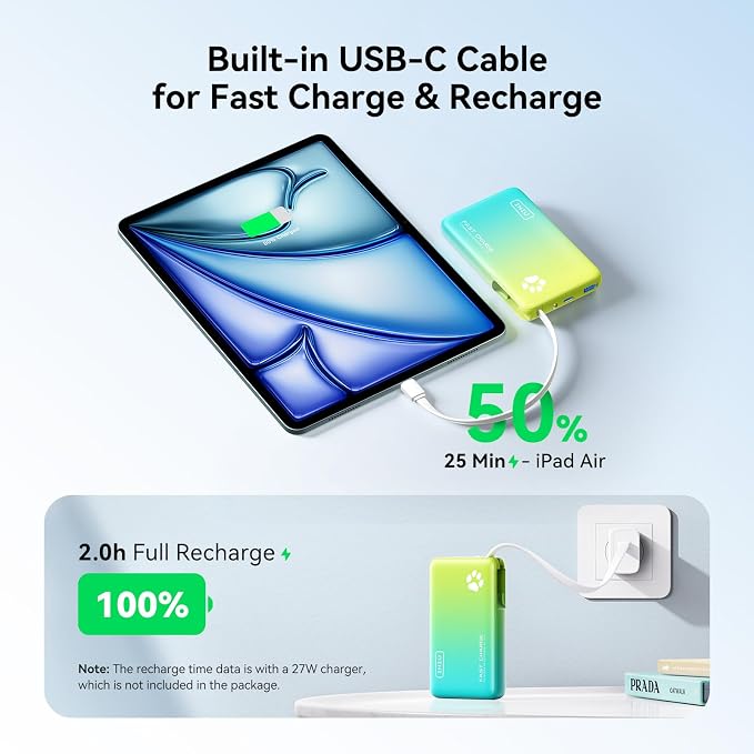 INIU Portable Charger, 45W PD Slim 10000mAh Power Bank with Built-in USB-C, Camping Outdoor Travel Business, for Women Men Students Family Emergency