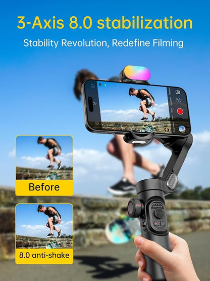 AOCHUAN 3-Axis Gimbal Stabilizer for iPhone Gimbal with RGB Magnetic Fill Light Upgraded Face Tracking Focus Wheel Foldable Smartphone for iPhone/Android Phone Stabilizer Vlog Recording Smart XE Kit