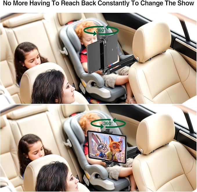 elitehood Headrest Car Tablet Holder - [Long Aluminum Extension Arm] [Ultra-Compact] Foldable iPad Holder for Car Backseat, Road Trip Essentials iPad Back Seat Mount, Tablet Headrest Mount for Kids