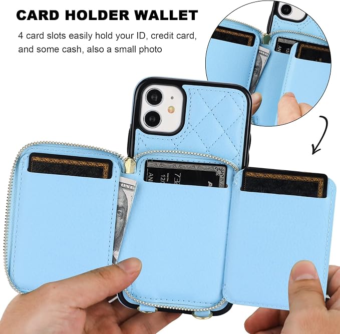 Bocasal Crossbody Wallet Case for iPhone 11, RFID Blocking PU Leather Zipper Handbag Purse Flip Cover, Kickstand Folio Case with Card Slots Holder Wrist Strap Lanyard 6.1 Inch (Blue)