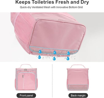 F-color Shower Caddy Portable for College Dorm Essentials - Large Hanging Sturdy Handle Toiletry Tote Bag with Hook, Multiple Pockets, Quick Dry Organizer for Camping, Travel, Gym, Pink
