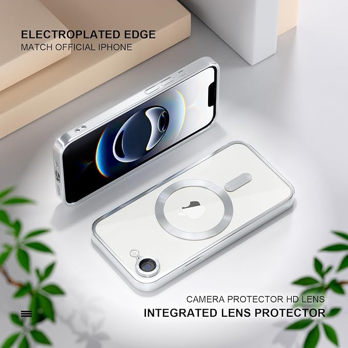 Misea Magnetic for iPhone 17e / 16e Case Compatible with MagSafe [Never Yellowing] [Military Grade Drop Protection] Full Camera Lens Protector Plating Soft Clear Phone Case for Women 6.1 inch, Silver