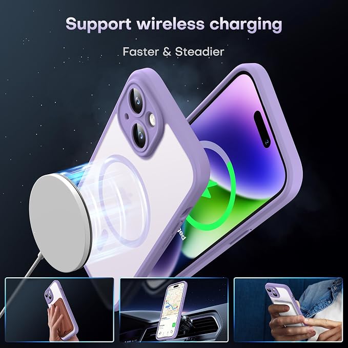 TOCOL Magnetic for iPhone 14 Case, Upgraded Full Camera Protection, Compatible with Magsafe, Drop Protection, Translucent Matte Back Bumper Phone Cover 6.1-Inch (Light Purple)