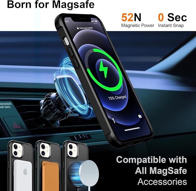 360° Magnetic Swivel Ring for iPhone 12 case, Built-in Metal Stand and Ring Holder, Magsafe Compatible, Military Grade Protection, Shock Resistant - Black