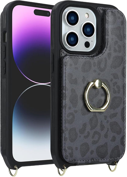 Lipvina for iPhone 14 Pro Case with Card Holder for Women,Phone Case with Strap,Crossbody Lanyard,RFID Blocking,Ring Stand,Snap Clasp,Cute Wallet Case 6.1 inch(Black Leopard)