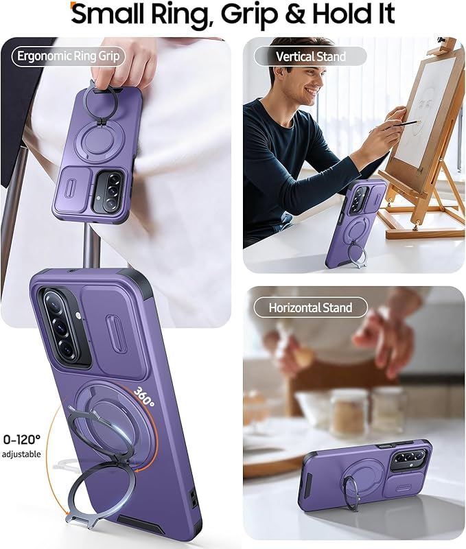 JAME for Samsung Galaxy A17/A16 5G Case, Ring Holder Stand, Slide Camera Cover, 2 Pack Screen Protectors, Dual-Layer Shockproof Protective, Magnetic Accessory Friendly Galaxy A16/A17 4G Case, Purple