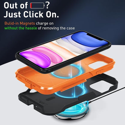 Xmon for iPhone 11 Magnetic Case [Compatible with MagSafe] Tempered Glass Screen Protector with Camera Lens Protector Phone Case Cover for Apple iPhone 11 (Magnetic Black/Orange)