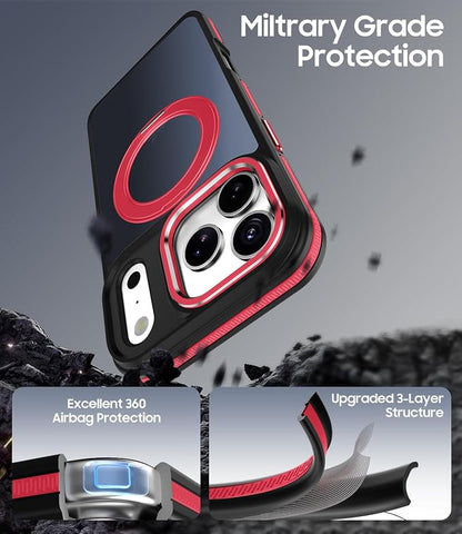 for iPhone 17 Pro Max Case with 360 Magnetic Ring Stand, Fit MagSafe, Military-Grade Shockproof Protection, Non-Slip Slim Translucent Protective Phone Cover, Red