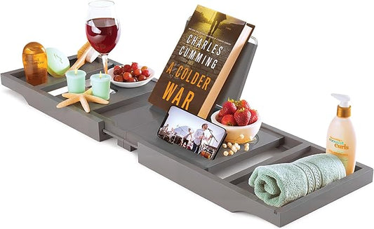 Wooden Bathtub Tray - Foldable and Expandable Bamboo Bath Tray for Tub with Wine Holder, Book and Tablet Stand - Bath Caddy Tray for Bathtub, Spa Bath Accessories, Tub Tray Table (Charcoal Gray)