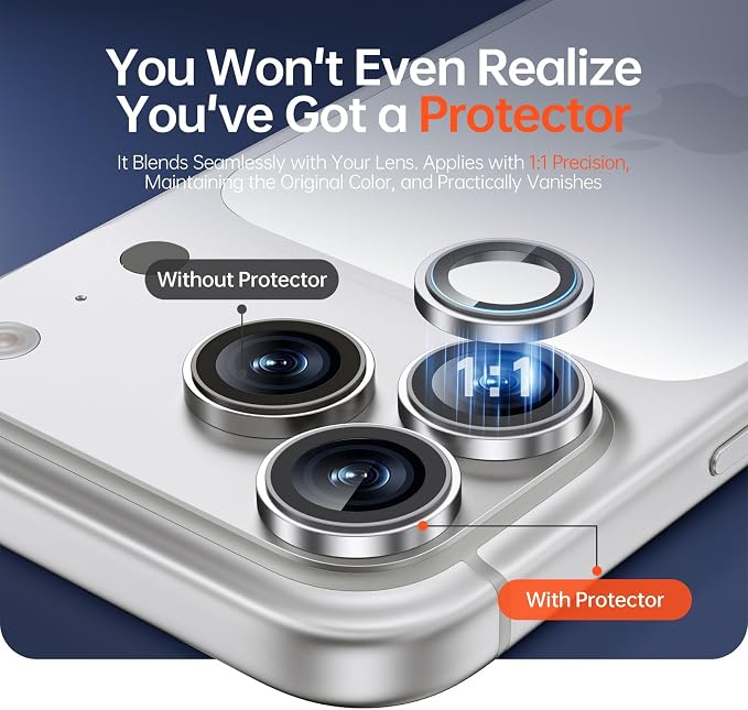 2 Pack Camera Lens Protector for iPhone 17 Pro Max/17 Pro/16 Pro Max/16 Pro/15 Pro Max/15 Pro/14 Pro Max/14 Pro [1:1 Invisible Fit] Military Grade Glass & Metal Camera Cover, Sliver