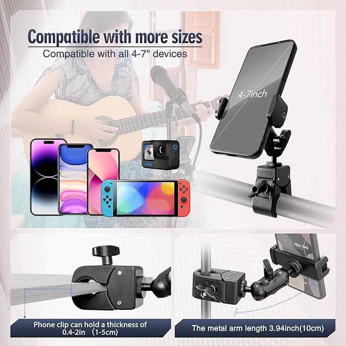 Clip Phone Holder for Desk,Pole,Pipe,Boom,Flat Surface with Adjustable Aluminium Arm Phone Clamp Mount for Mic Stand,Treadmill Compatible with All 4-7” Cell Phone (Short-Aluminium Arm Phone Holder)