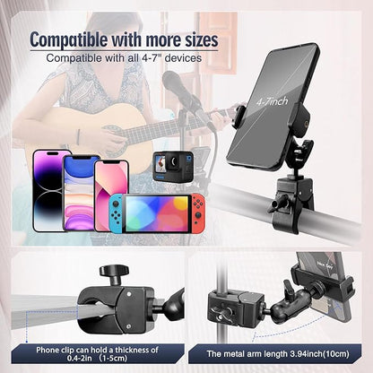 Clip Phone Holder for Desk,Pole,Pipe,Boom,Flat Surface with Adjustable Aluminium Arm Phone Clamp Mount for Mic Stand,Treadmill Compatible with All 4-7” Cell Phone (Short-Aluminium Arm Phone Holder)