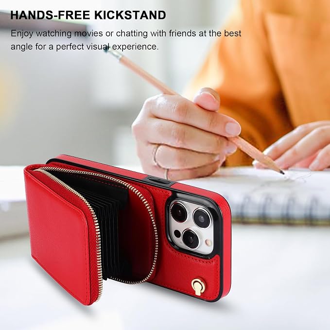 KIHUWEY Crossbody Wallet Case for iPhone 15 Pro Max, Zipper Pocket Case with Card Holder, PU Leather RFID Blocking Protective Cover with Kickstand and Detachable Wrist Strap Lanyard - 6.7" (Red)
