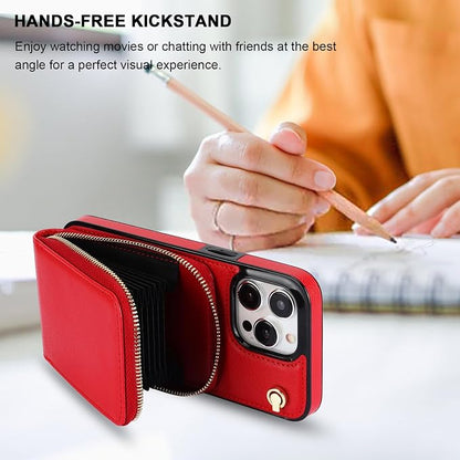 KIHUWEY Crossbody Wallet Case for iPhone 15 Pro Max, Zipper Pocket Case with Card Holder, PU Leather RFID Blocking Protective Cover with Kickstand and Detachable Wrist Strap Lanyard - 6.7" (Red)
