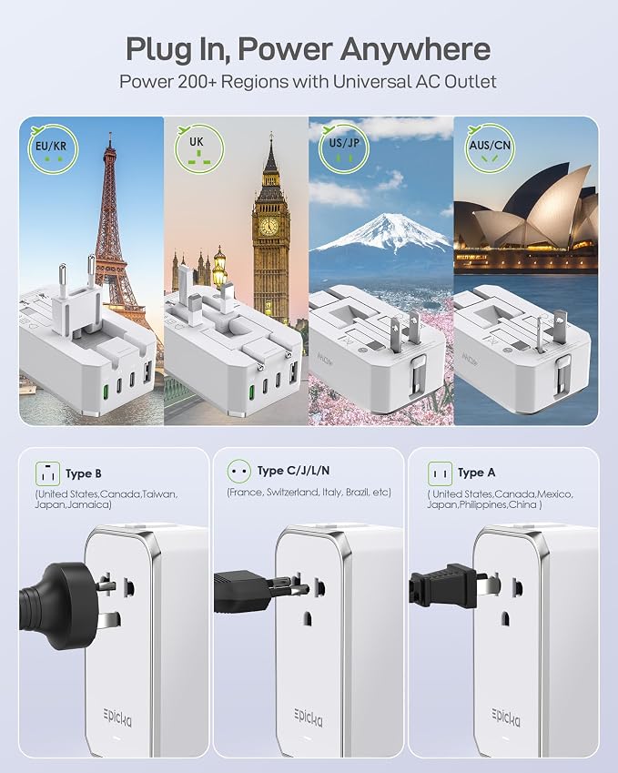 EPICKA Air 40W Universal Travel Adapter, PD Fast Charging International Power Adapter with 1 AC & 4 USB Ports, Worldwide Compact Travel Essentials for US/EU(White, 1-Pack, Not a Voltage Converter)