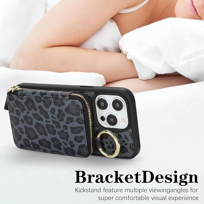 Crossbody Wallet Case for iPhone 14 Pro Max, PU Leather Zipper Handbag Purse Flip Cover, Kickstand Folio Case with Card Slots Holder Wrist Strap Lanyard 5G 6.7 Inch-Black Leopard