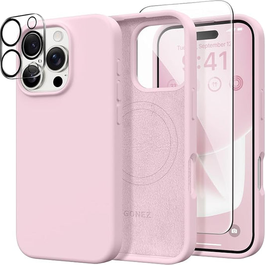 GONEZ Magnetic for iPhone 16 Pro Case, Compatible with MagSafe, [Screen Protector + Camera Lens Protector], Silicone Shockproof Anti-Scratch Protective Phone Case 6.3 inch, Pastel Pink
