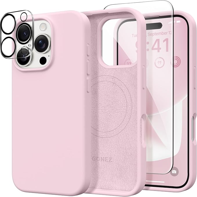GONEZ Magnetic for iPhone 16 Pro Max Case, Compatible with MagSafe, Liquid Silicone Case, with Screen Protector + Camera Protector, Full Body Protective Shockproof Phone Cover 6.9", Pastel Pink