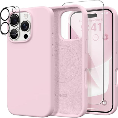 GONEZ Magnetic for iPhone 16 Pro Max Case, Compatible with MagSafe, Liquid Silicone Case, with Screen Protector + Camera Protector, Full Body Protective Shockproof Phone Cover 6.9", Pastel Pink