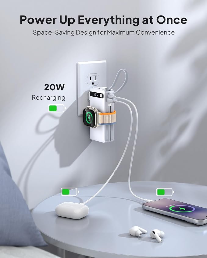 2026 Latest Nano 5-in-1 Portable Charger for iPhone & Apple Watch, 10,000mAh Portable Charger with Built-in AC Wall Plug and Cables, 22.5W Fast Charging USB C Power Bank Travel Essentials Battery Pack